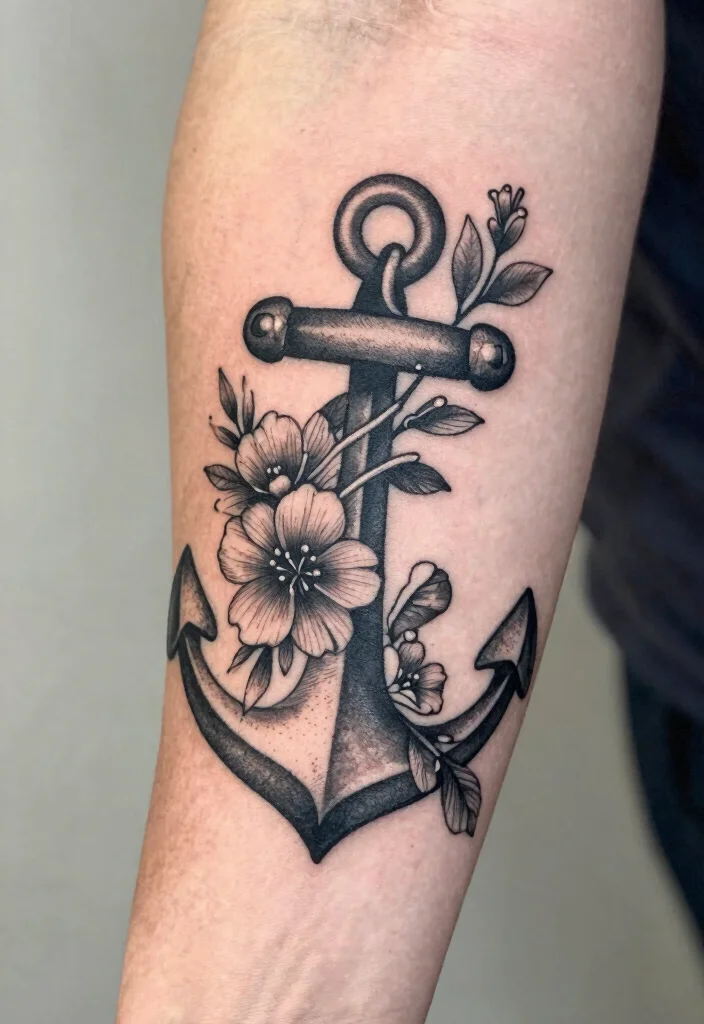 18 Black Work Flower Tattoo Ideas With Striking Contrast 67 18 Black Work Flower Tattoo Ideas With Striking Contrast - 17. Floral Anchor 1