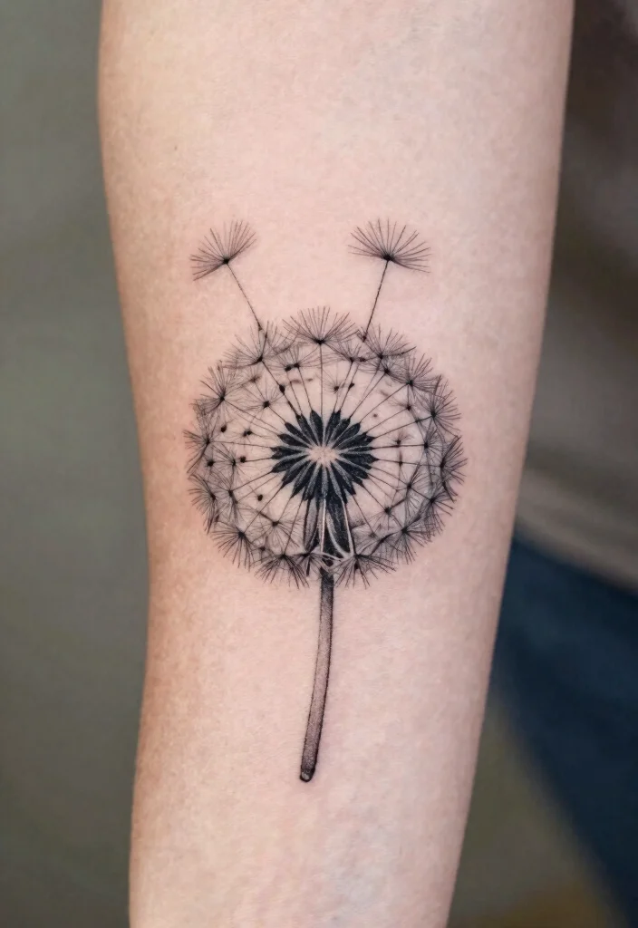 18 Black Work Flower Tattoo Ideas With Striking Contrast 3 18 Black Work Flower Tattoo Ideas With Striking Contrast - 3. Dandelion Wishes 1
