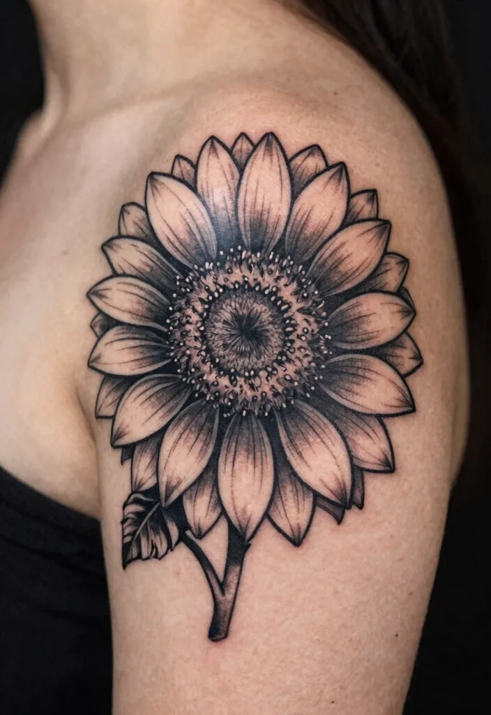 18 Black Work Flower Tattoo Ideas With Striking Contrast 14 18 Black Work Flower Tattoo Ideas With Striking Contrast - 4. Sunflower Bliss 1