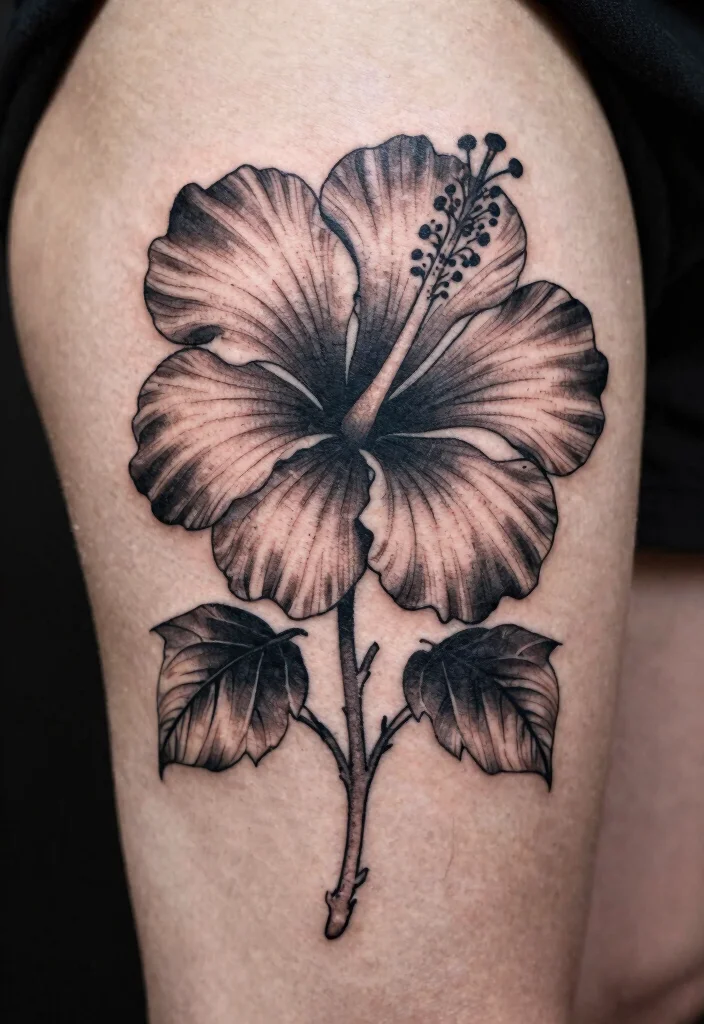 18 Black Work Flower Tattoo Ideas With Striking Contrast 15 18 Black Work Flower Tattoo Ideas With Striking Contrast - 5. Hibiscus Harmony 1