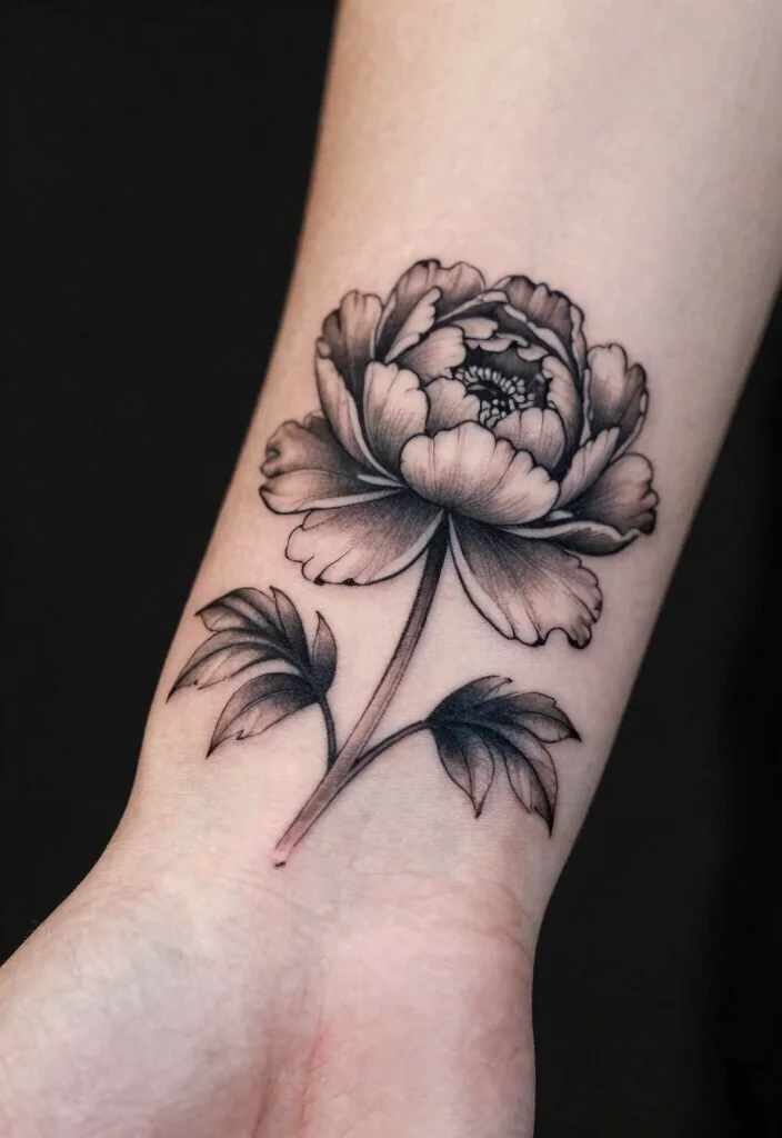 18 Black Work Flower Tattoo Ideas With Striking Contrast 26 18 Black Work Flower Tattoo Ideas With Striking Contrast - 6. Minimalist Peony 1