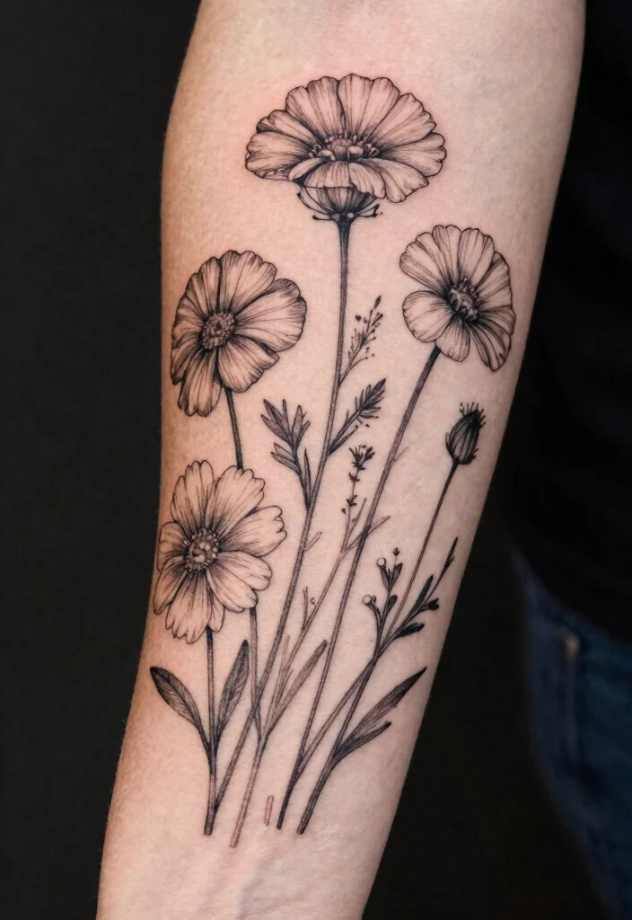 18 Black Work Flower Tattoo Ideas With Striking Contrast 28 18 Black Work Flower Tattoo Ideas With Striking Contrast - 8. Wildflower Collection 1