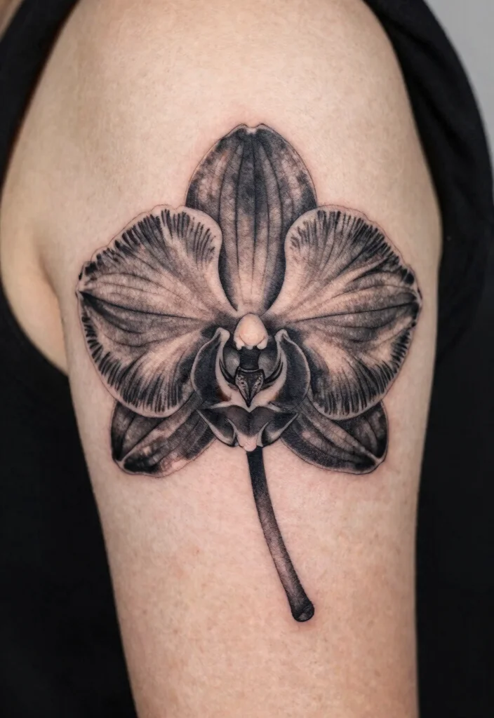 18 Black Work Flower Tattoo Ideas With Striking Contrast 29 18 Black Work Flower Tattoo Ideas With Striking Contrast - 9. Orchid Opulence 1