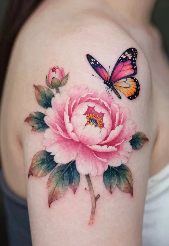18 Butterfly and Flowers Tattoo Ideas With Soft Harmony 31 18 Butterfly and Flowers Tattoo Ideas With Soft Harmony - 11. Butterfly and Peony Elegance 1