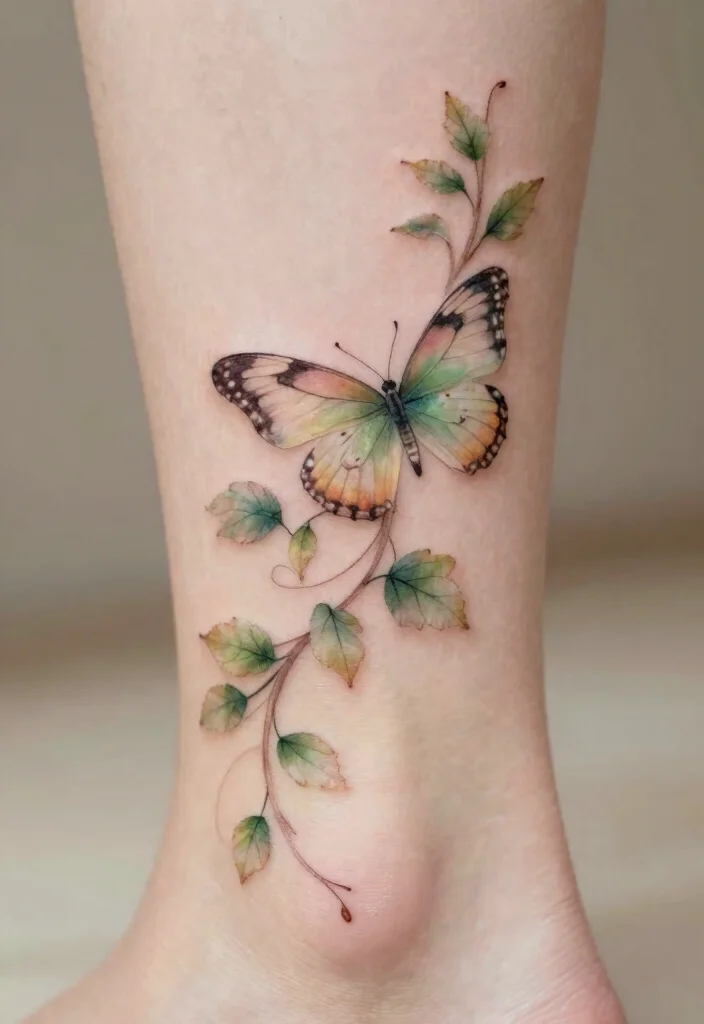 18 Butterfly and Flowers Tattoo Ideas With Soft Harmony 32 18 Butterfly and Flowers Tattoo Ideas With Soft Harmony - 12. Butterfly with Vines and Leaves 1