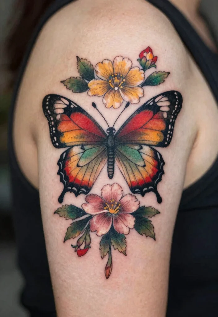18 Butterfly and Flowers Tattoo Ideas With Soft Harmony 55 18 Butterfly and Flowers Tattoo Ideas With Soft Harmony - 15. Vintage-Inspired Butterfly and Flowers 1