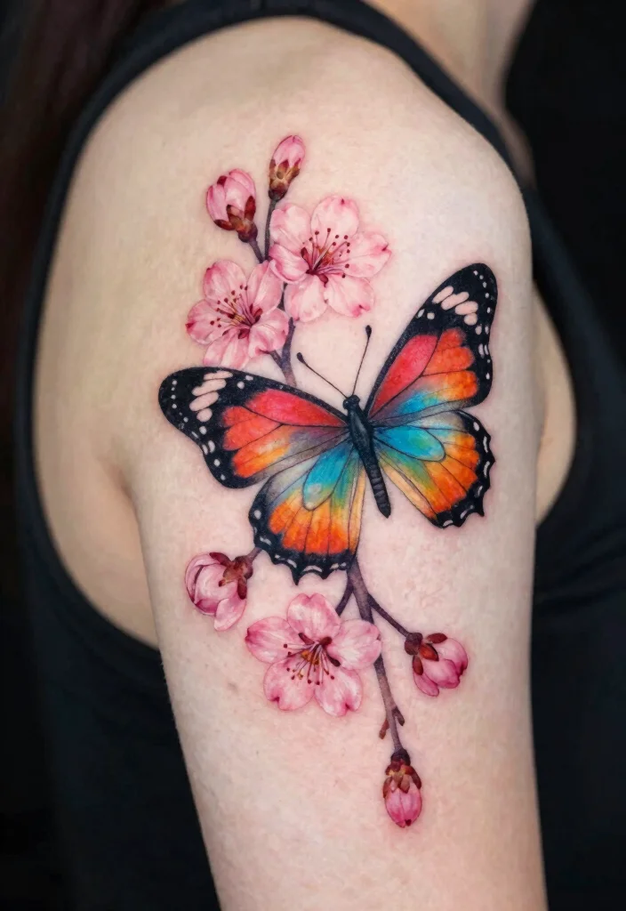 18 Butterfly and Flowers Tattoo Ideas With Soft Harmony 56 18 Butterfly and Flowers Tattoo Ideas With Soft Harmony - 16. Butterfly with Spring Blossoms 1
