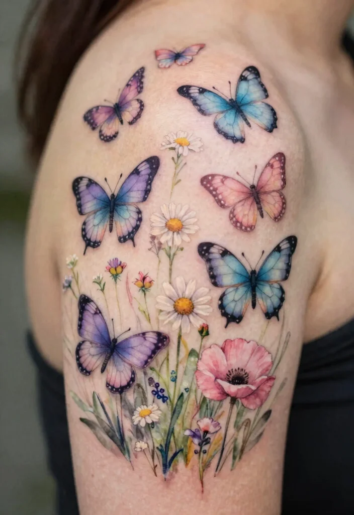 18 Butterfly and Flowers Tattoo Ideas With Soft Harmony 2 18 Butterfly and Flowers Tattoo Ideas With Soft Harmony - 2. Whimsical Butterfly Meadow 1