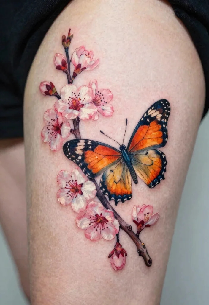 18 Butterfly and Flowers Tattoo Ideas With Soft Harmony 14 18 Butterfly and Flowers Tattoo Ideas With Soft Harmony - 4. Butterfly on Cherry Blossom Branch 1