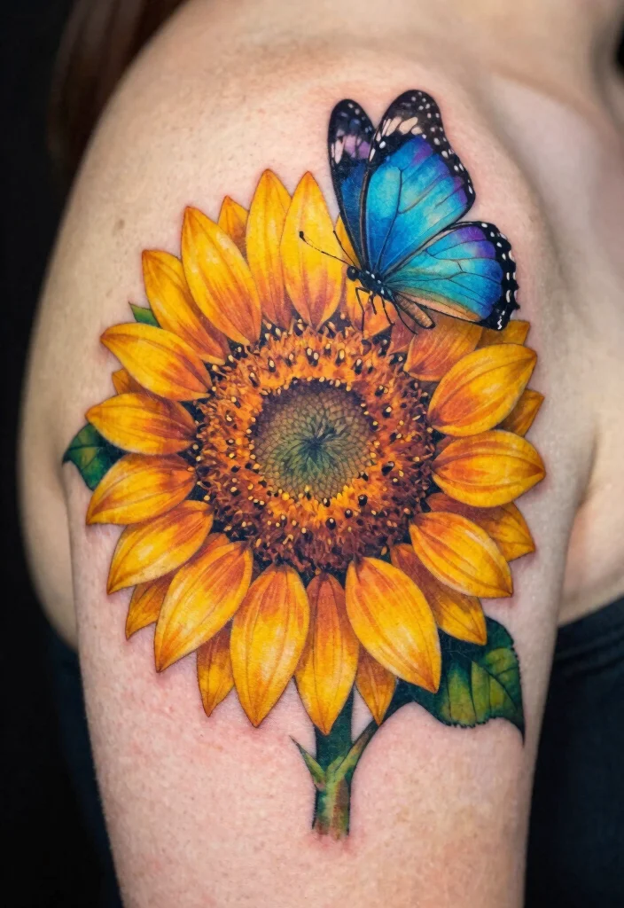 18 Butterfly and Flowers Tattoo Ideas With Soft Harmony 15 18 Butterfly and Flowers Tattoo Ideas With Soft Harmony - 5. Butterfly and Sunflower Duo 1