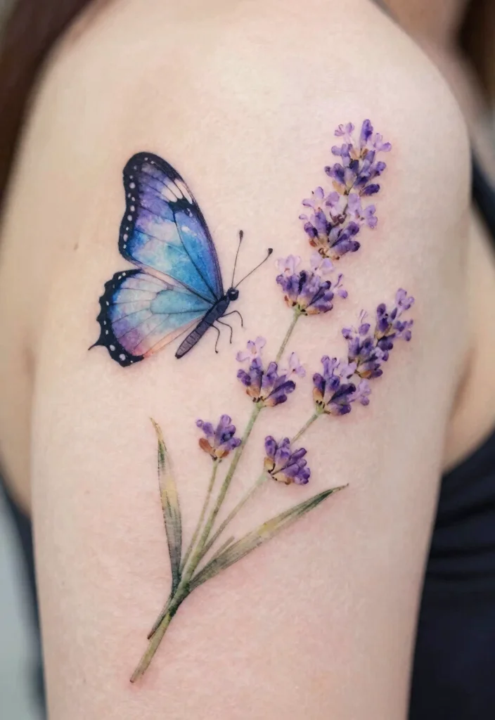 18 Butterfly and Flowers Tattoo Ideas With Soft Harmony 16 18 Butterfly and Flowers Tattoo Ideas With Soft Harmony - 6. Watercolor Butterfly with Lavender 1