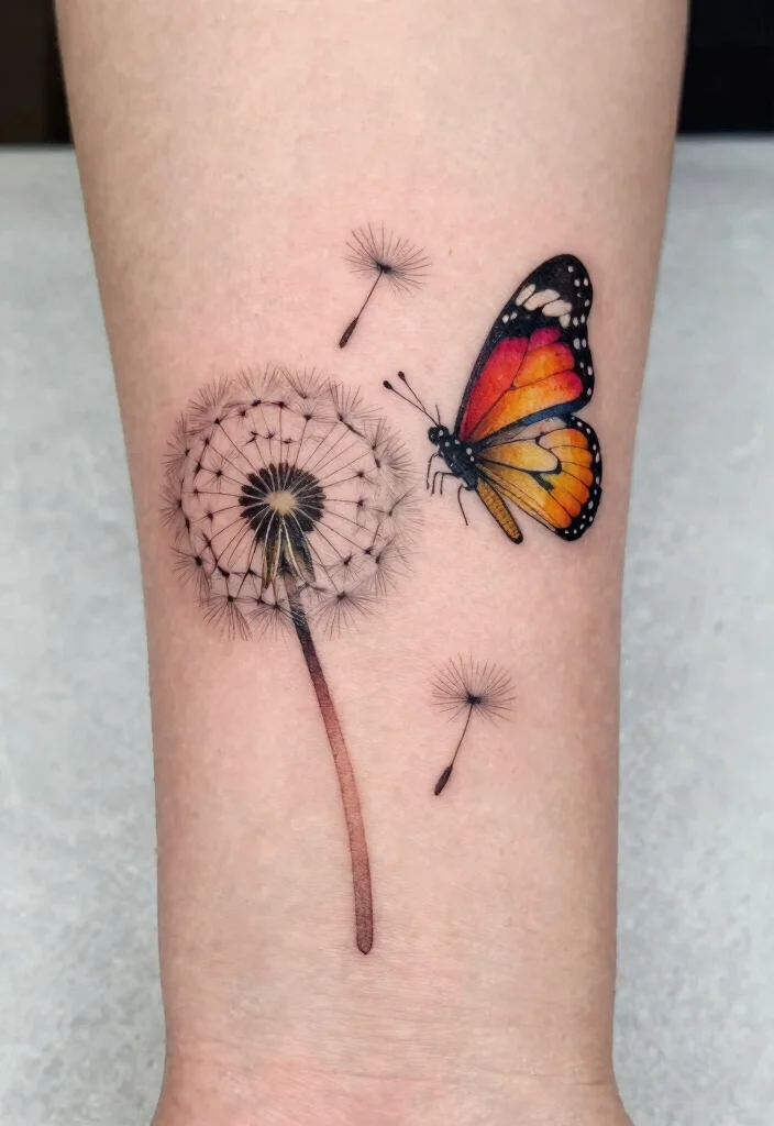 18 Butterfly and Flowers Tattoo Ideas With Soft Harmony 18 18 Butterfly and Flowers Tattoo Ideas With Soft Harmony - 8. Butterfly and Dandelion Wishes 1
