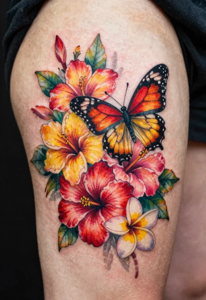 18 Butterfly and Flowers Tattoo Ideas With Soft Harmony 19 18 Butterfly and Flowers Tattoo Ideas With Soft Harmony - 9. Butterfly with Exotic Flowers 1