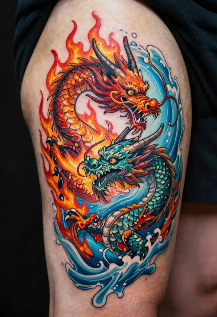 18 Double Dragon Tattoo Ideas With Powerful Symmetry 50 18 Double Dragon Tattoo Ideas With Powerful Symmetry - 10. Double Dragon with Elements 1