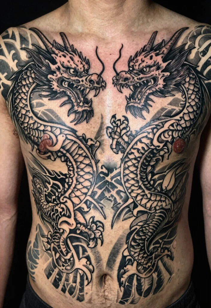 18 Double Dragon Tattoo Ideas With Powerful Symmetry 51 18 Double Dragon Tattoo Ideas With Powerful Symmetry - 11. Double Dragon on a Tribal Background 1