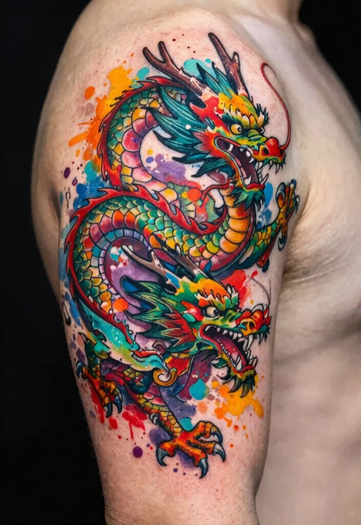 18 Double Dragon Tattoo Ideas With Powerful Symmetry 62 18 Double Dragon Tattoo Ideas With Powerful Symmetry - 12. Mythical Color Splash Double Dragons 1