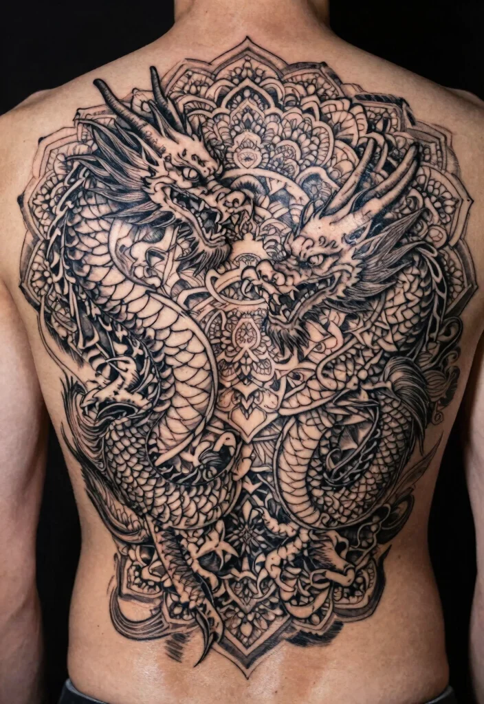 18 Double Dragon Tattoo Ideas With Powerful Symmetry 63 18 Double Dragon Tattoo Ideas With Powerful Symmetry - 13. Double Dragons with Mandala Patterns 1