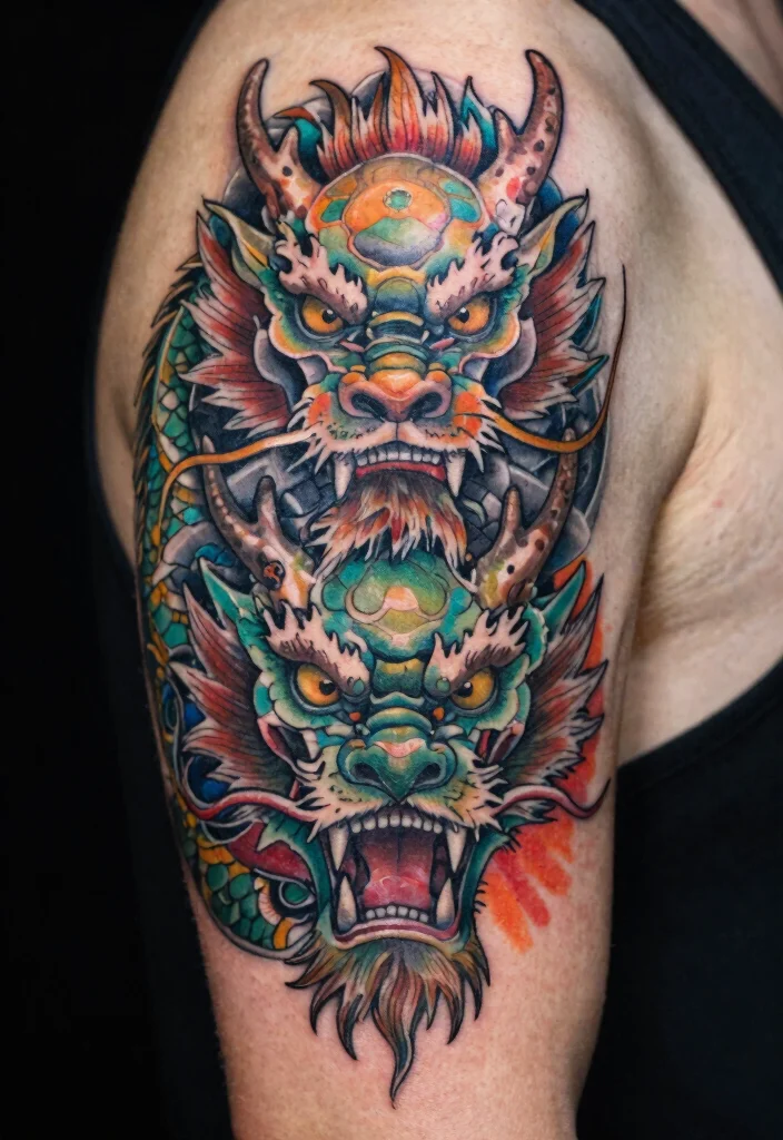 18 Double Dragon Tattoo Ideas With Powerful Symmetry 64 18 Double Dragon Tattoo Ideas With Powerful Symmetry - 14. Double Dragon Portraits 1