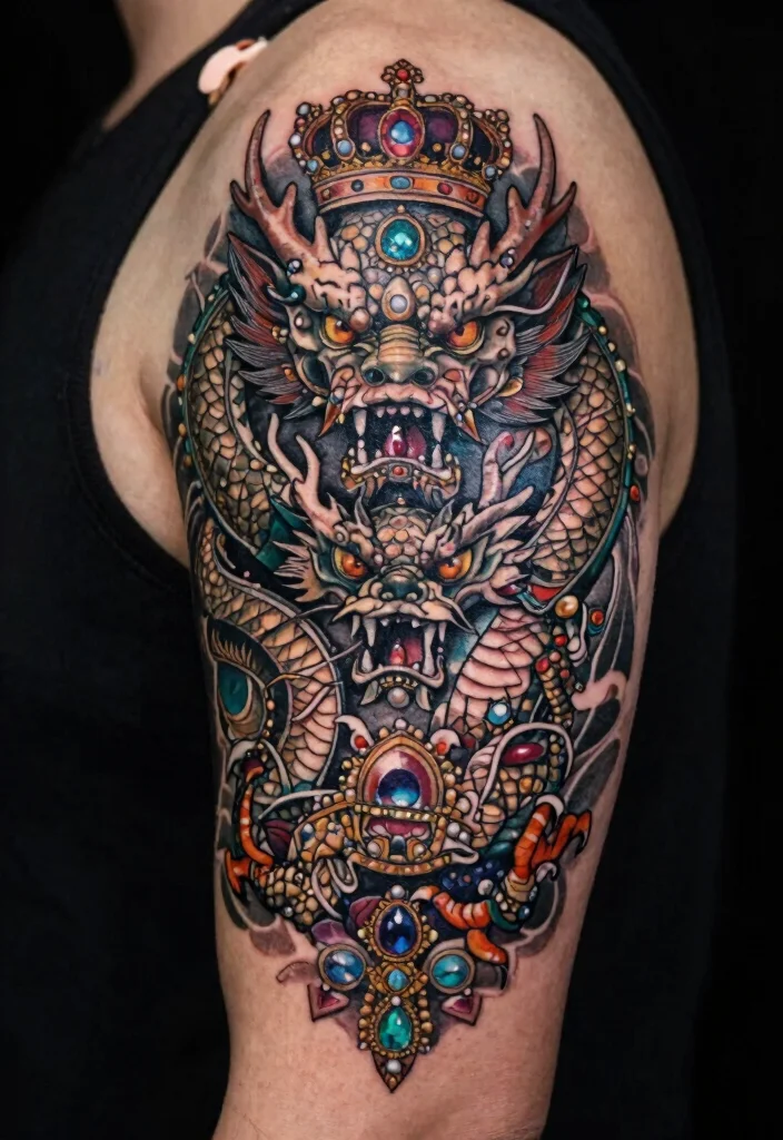 18 Double Dragon Tattoo Ideas With Powerful Symmetry 68 18 Double Dragon Tattoo Ideas With Powerful Symmetry - 18. Embellished Double Dragons 1