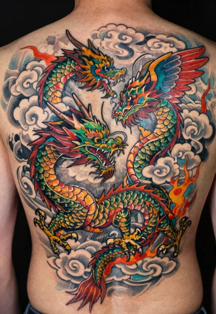 18 Double Dragon Tattoo Ideas With Powerful Symmetry 27 18 Double Dragon Tattoo Ideas With Powerful Symmetry - 7. Double Dragons in Flight 1