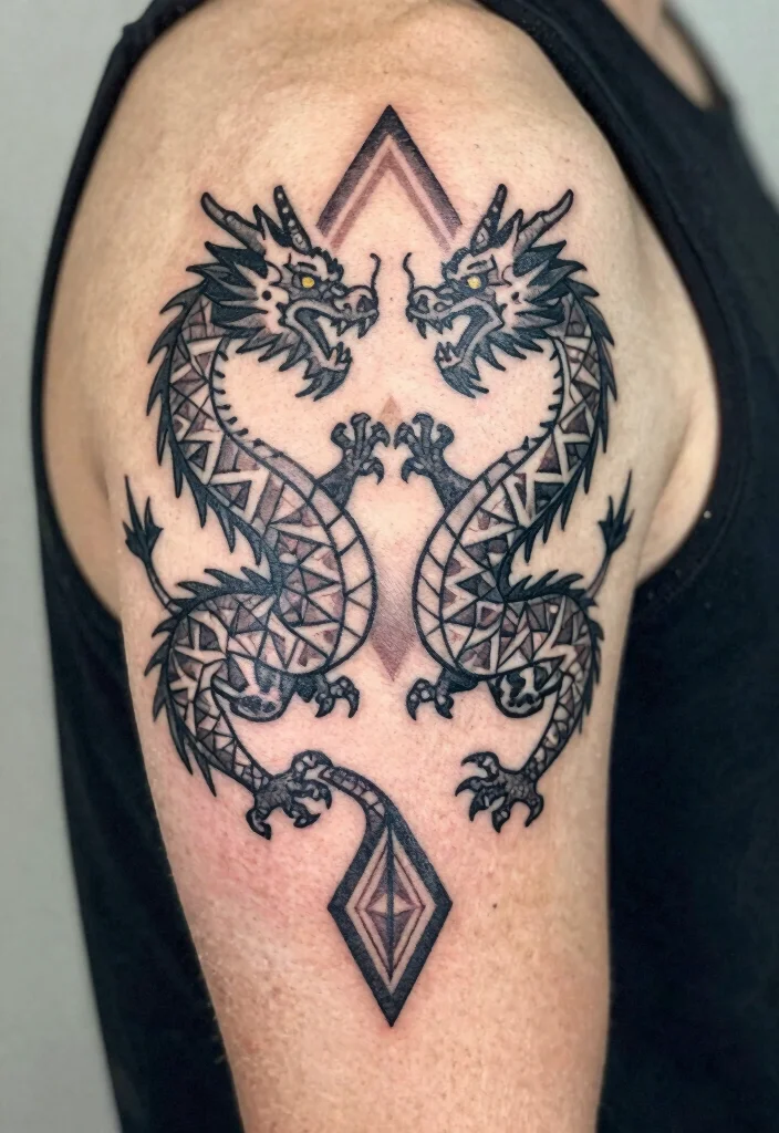 18 Double Dragon Tattoo Ideas With Powerful Symmetry 38 18 Double Dragon Tattoo Ideas With Powerful Symmetry - 8. Geometric Double Dragons 1