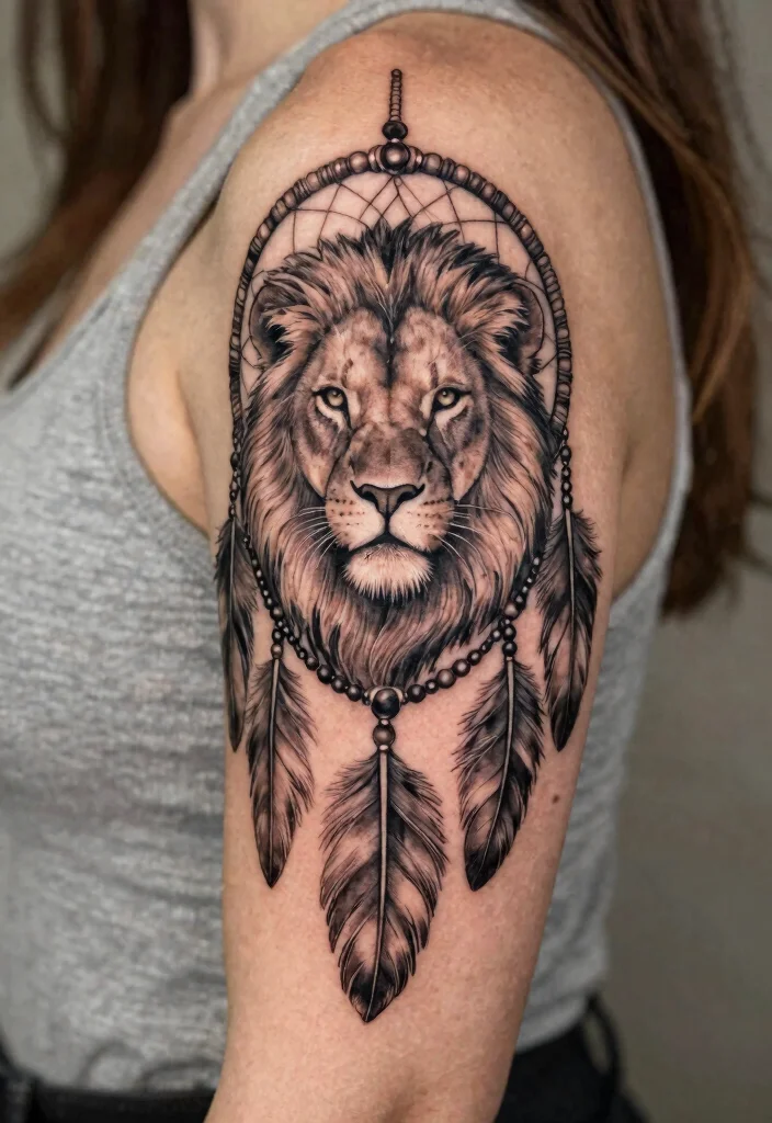 18 Female Lion Tattoo 2026 Trending Ideas With Powerful Feminine Energy - 16. Lioness with Dreamcatcher Tattoo 1
