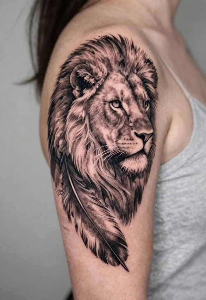 18 Female Lion Tattoo 2026 Trending Ideas With Powerful Feminine Energy - 17. Lioness with Feather Tattoo 1