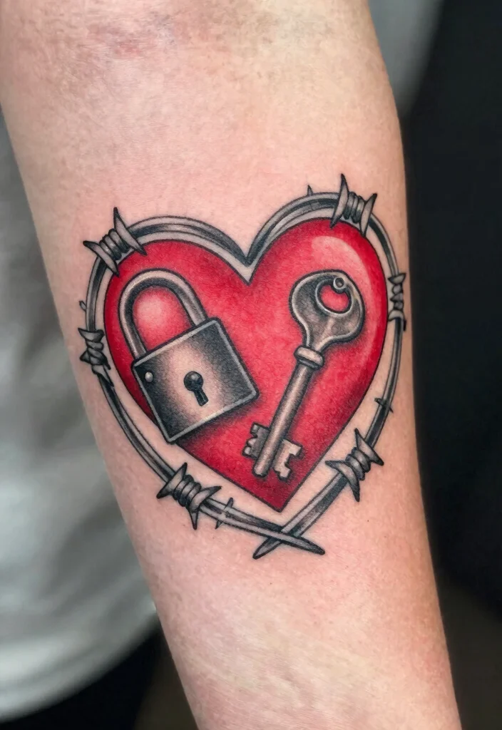 18 Heart Barbed Wire Tattoo Ideas With Edgy Romance 46 18 Heart Barbed Wire Tattoo Ideas With Edgy Romance - 16. Heart Barbed Wire with a Lock and Key 1