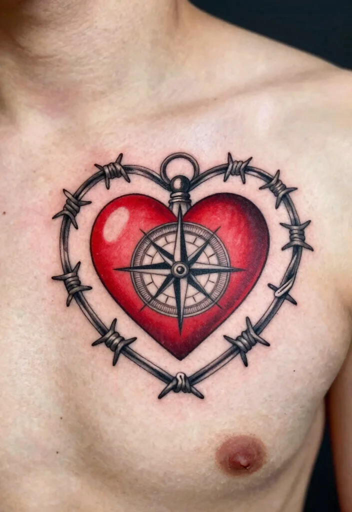 18 Heart Barbed Wire Tattoo Ideas With Edgy Romance 57 18 Heart Barbed Wire Tattoo Ideas With Edgy Romance - 17. Heart Barbed Wire with Compass 1