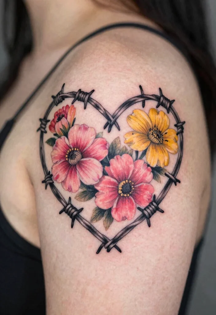 18 Heart Barbed Wire Tattoo Ideas With Edgy Romance 12 18 Heart Barbed Wire Tattoo Ideas With Edgy Romance - 2. Floral Heart Barbed Wire 1
