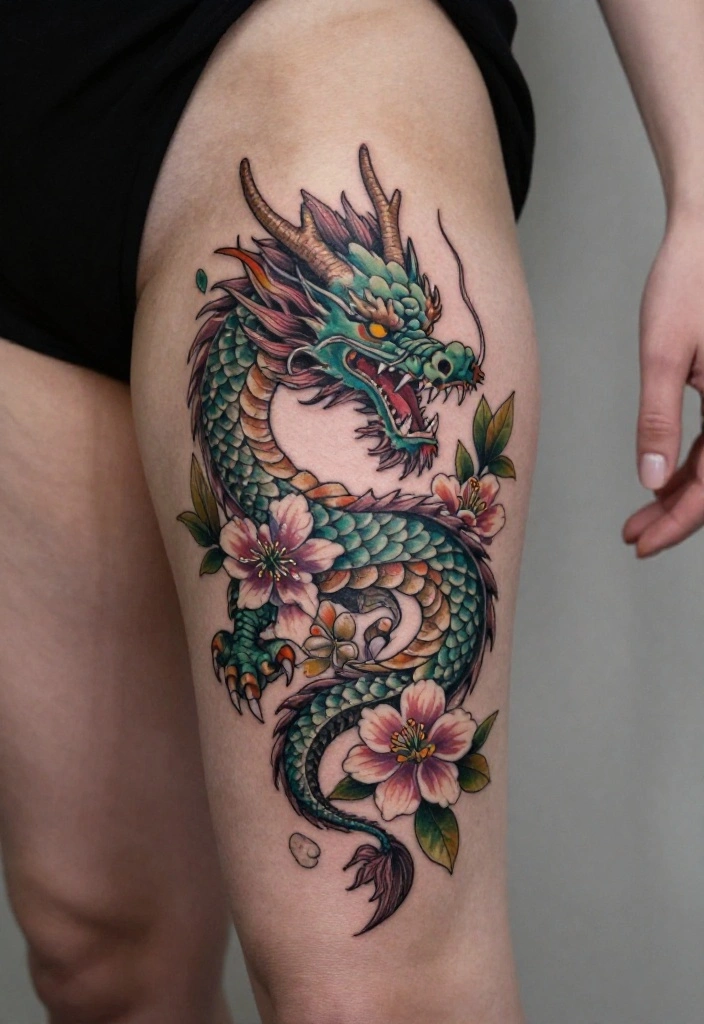 18 Leg Dragon Tattoo Ideas With Dynamic Movement 42 18 Leg Dragon Tattoo Ideas With Dynamic Movement - 12. The Elegant Floral Dragon 1