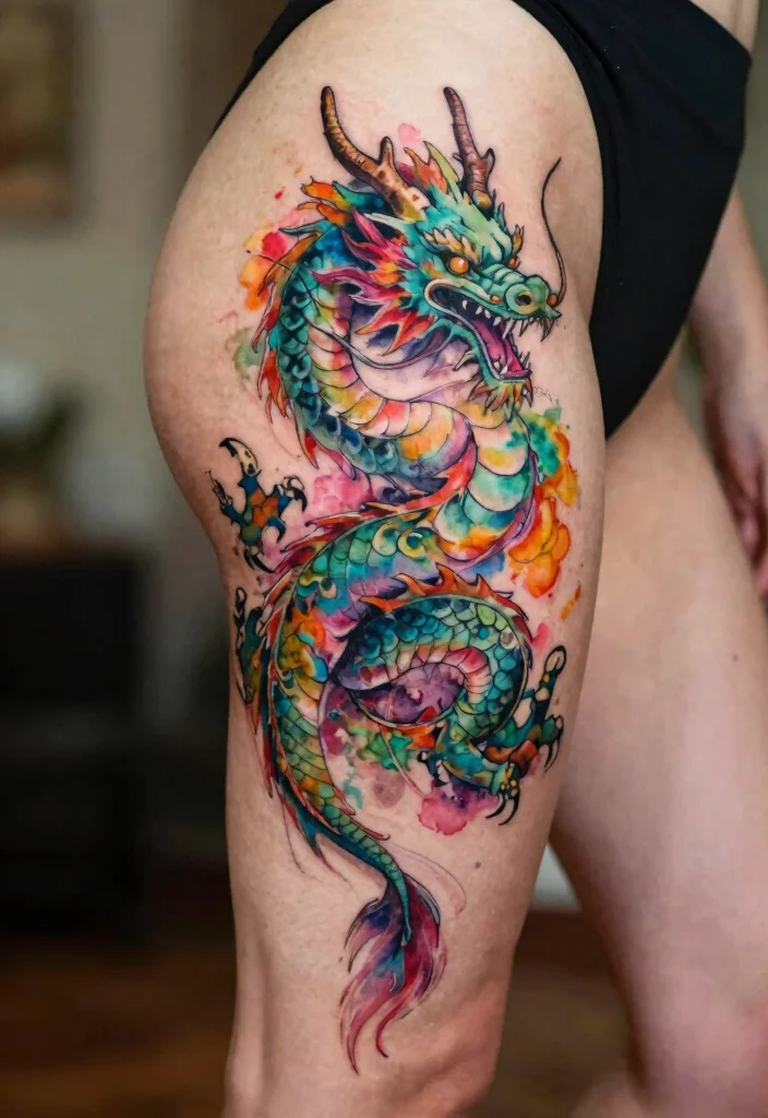 18 Leg Dragon Tattoo Ideas With Dynamic Movement 55 18 Leg Dragon Tattoo Ideas With Dynamic Movement - 15. The Watercolor Dragon 1