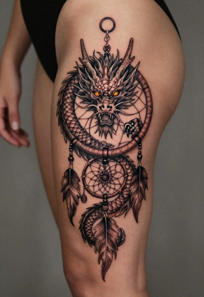 18 Leg Dragon Tattoo Ideas With Dynamic Movement 57 18 Leg Dragon Tattoo Ideas With Dynamic Movement - 17. The Dreamcatcher Dragon 1