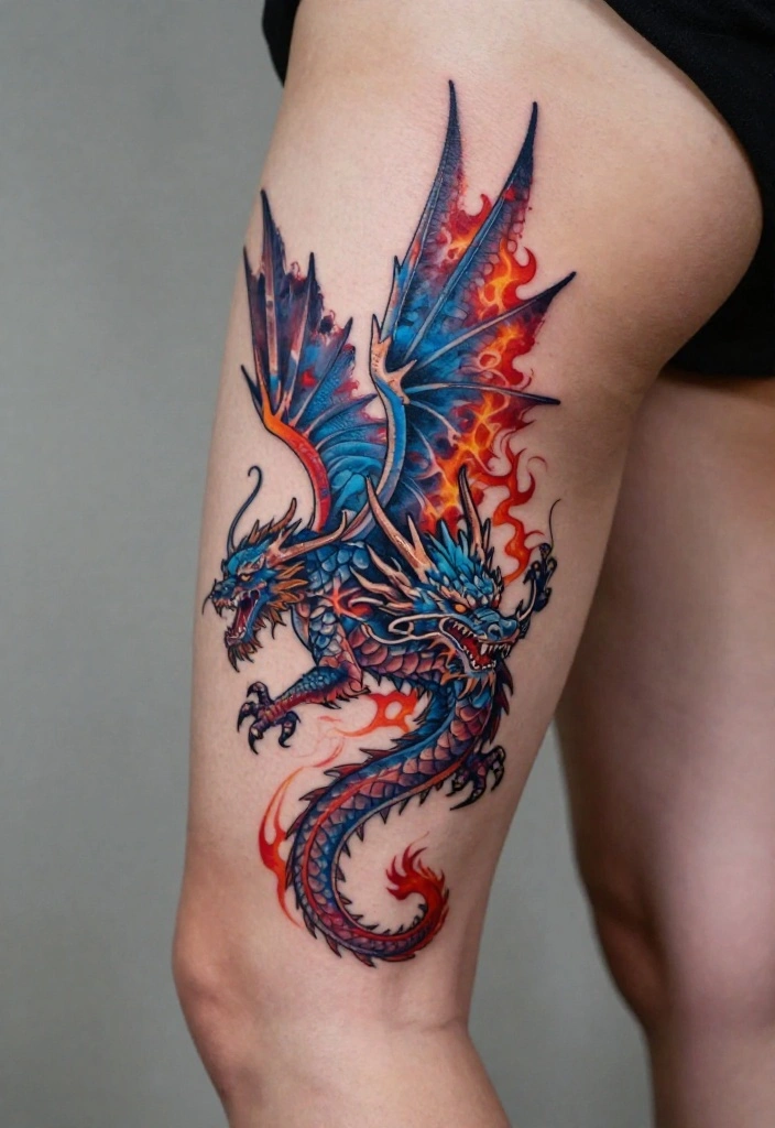18 Leg Dragon Tattoo Ideas With Dynamic Movement 12 18 Leg Dragon Tattoo Ideas With Dynamic Movement - 2. The Fiery Flight 1