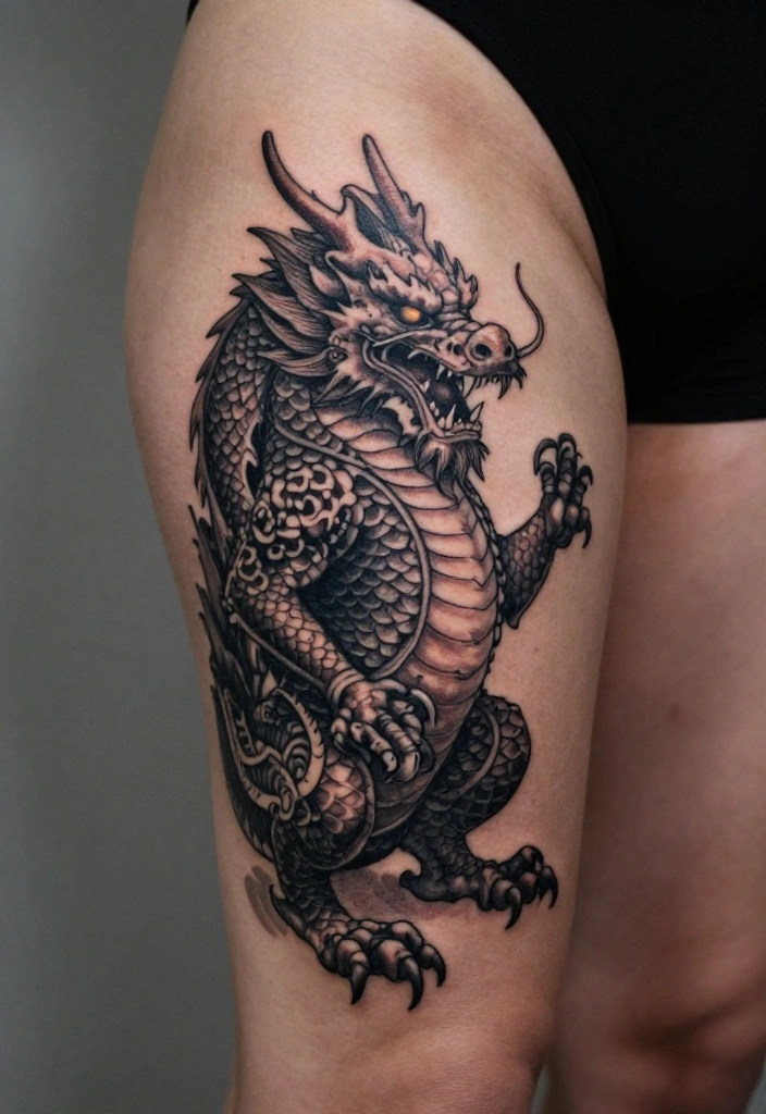 18 Leg Dragon Tattoo Ideas With Dynamic Movement 13 18 Leg Dragon Tattoo Ideas With Dynamic Movement - 3. The Guardian Dragon 1