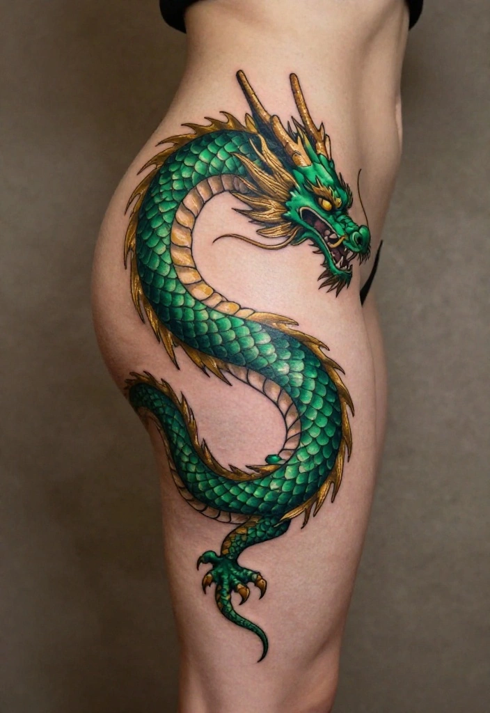 18 Leg Dragon Tattoo Ideas With Dynamic Movement 14 18 Leg Dragon Tattoo Ideas With Dynamic Movement - 4. The Emerald Spiral 1
