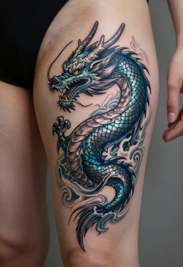 18 Leg Dragon Tattoo Ideas With Dynamic Movement 15 18 Leg Dragon Tattoo Ideas With Dynamic Movement - 5. The Windborne Dragon 1