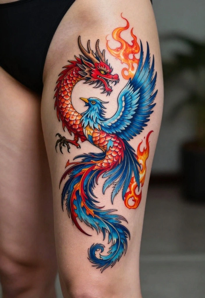 18 Leg Dragon Tattoo Ideas With Dynamic Movement 16 18 Leg Dragon Tattoo Ideas With Dynamic Movement - 6. The Dragon and the Phoenix 1