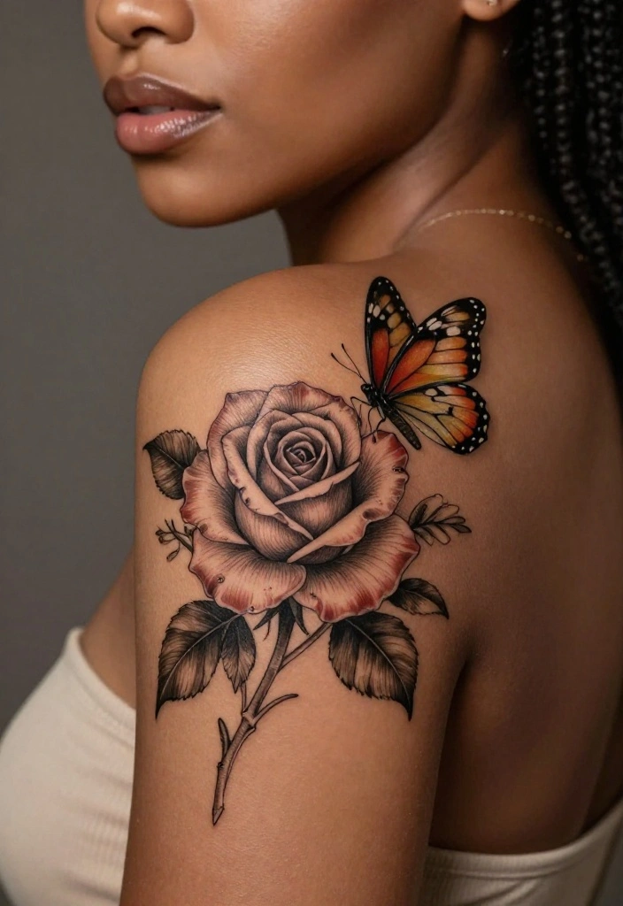 18 Rose Shoulder Tattoo 2026 Trending Ideas With Elegant Curve 32 18 Rose Shoulder Tattoo 2026 Trending Ideas With Elegant Curve - 12. Rose with Butterfly 1