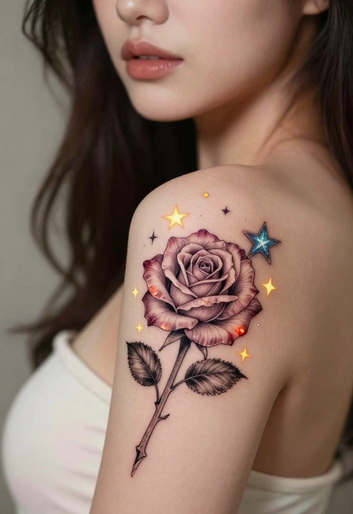 18 Rose Shoulder Tattoo 2026 Trending Ideas With Elegant Curve 44 18 Rose Shoulder Tattoo 2026 Trending Ideas With Elegant Curve - 14. Rose with Stars 1