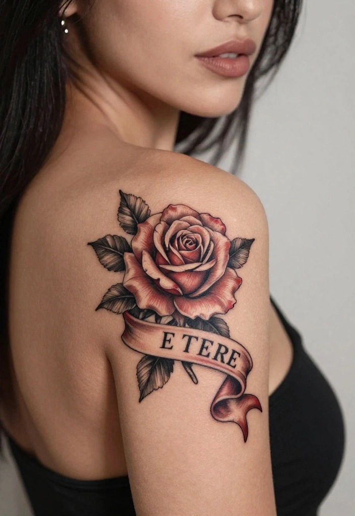 18 Rose Shoulder Tattoo 2026 Trending Ideas With Elegant Curve 55 18 Rose Shoulder Tattoo 2026 Trending Ideas With Elegant Curve - 15. Rose with a Banner 1