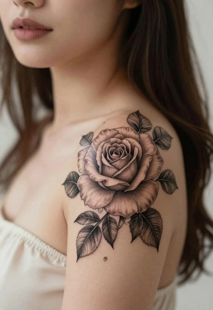 18 Rose Shoulder Tattoo 2026 Trending Ideas With Elegant Curve 14 18 Rose Shoulder Tattoo 2026 Trending Ideas With Elegant Curve - 4. Rose with Leaves 1