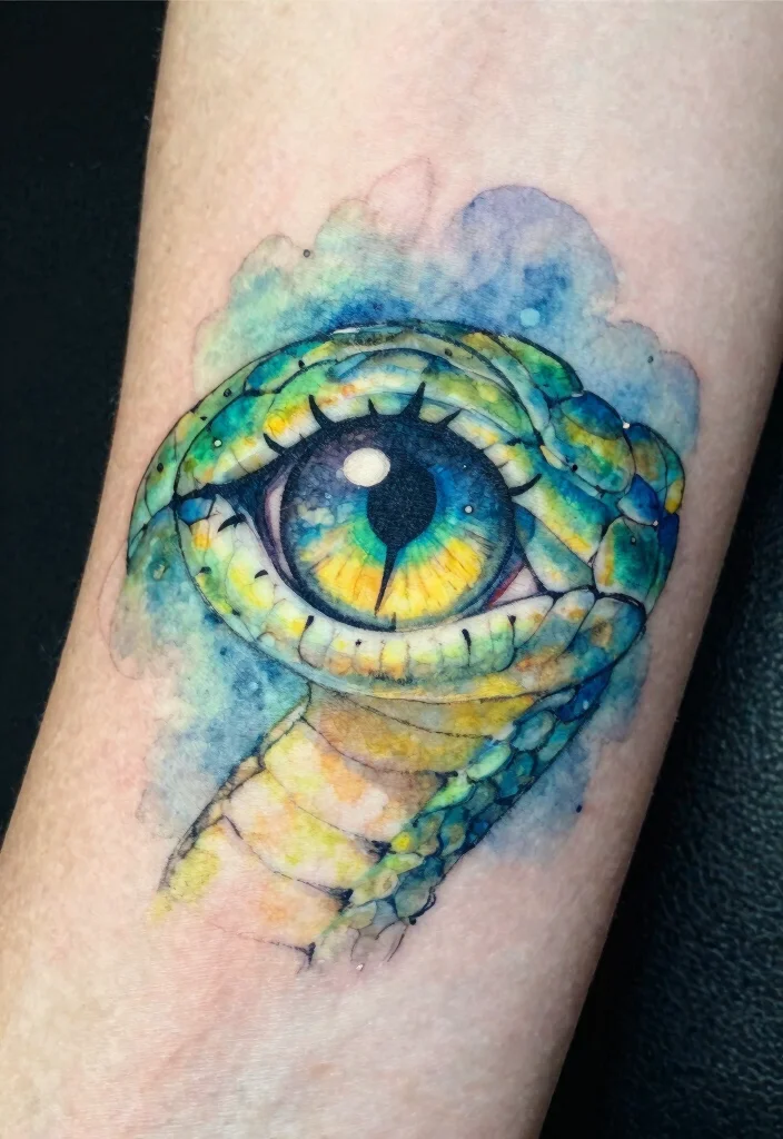 18 Snake Eye Tattoo Ideas With Intense Detail 17 18 Snake Eye Tattoo Ideas With Intense Detail - 7. Watercolor Snake Eye Tattoos 1