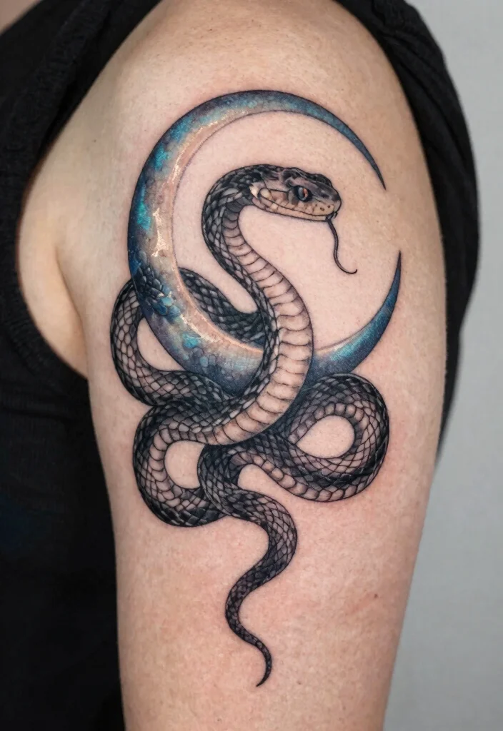 18 Snake on Arm Tattoo Ideas With Sleek Motion 41 18 Snake on Arm Tattoo Ideas With Sleek Motion - 11. Snake and Moon Combination 1