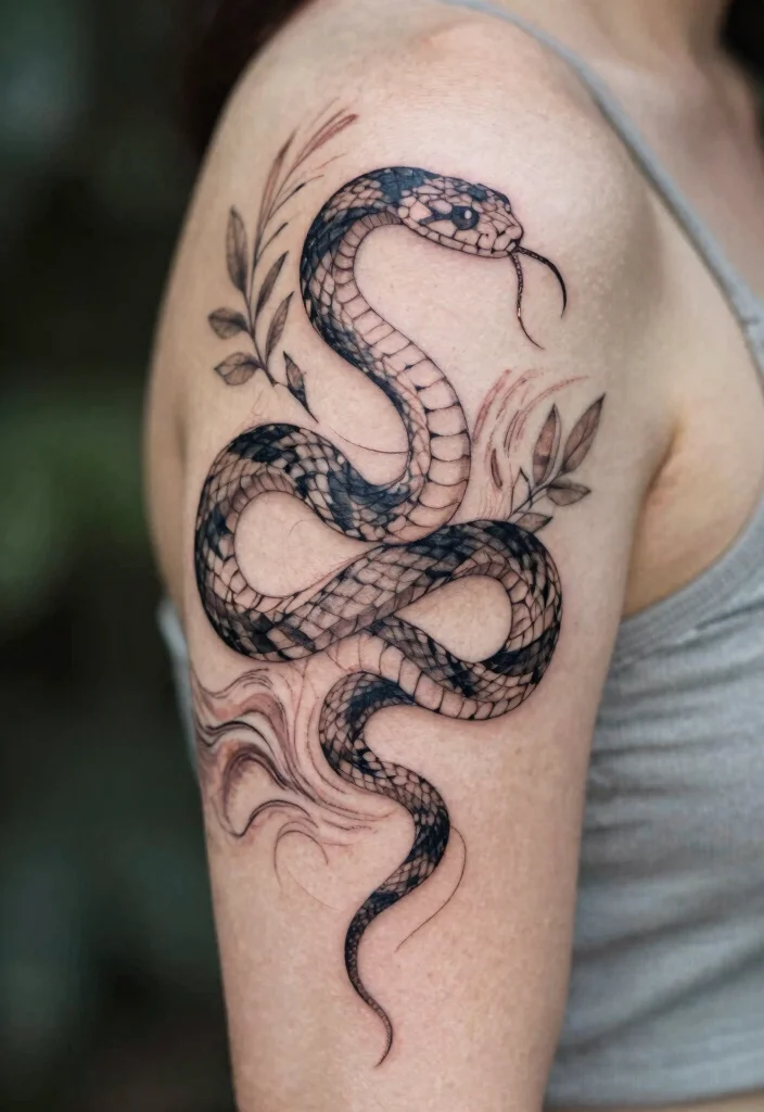 18 Snake on Arm Tattoo Ideas With Sleek Motion 43 18 Snake on Arm Tattoo Ideas With Sleek Motion - 13. Abstract Snake with Nature Elements 1