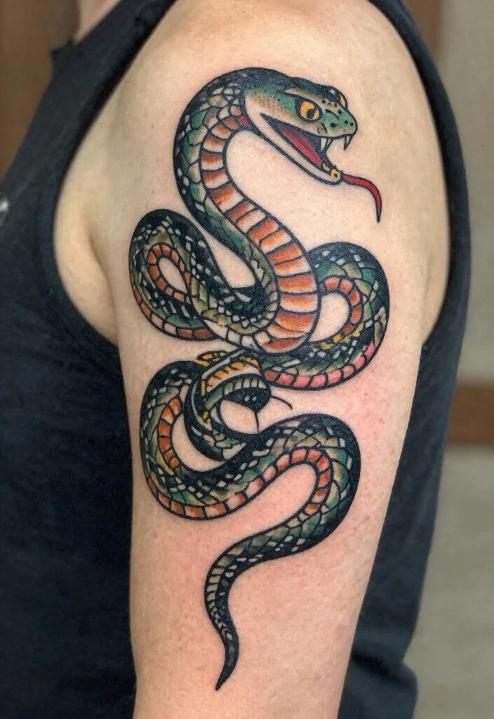 18 Snake on Arm Tattoo Ideas With Sleek Motion 44 18 Snake on Arm Tattoo Ideas With Sleek Motion - 14. Vintage-inspired Snake 1