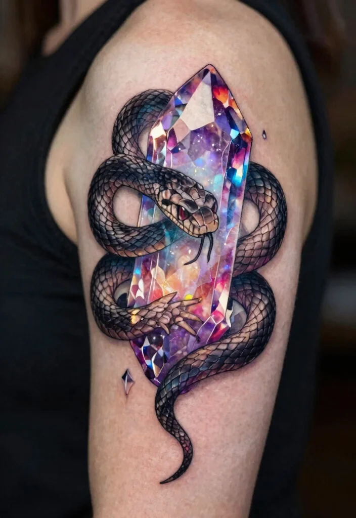 18 Snake on Arm Tattoo Ideas With Sleek Motion 46 18 Snake on Arm Tattoo Ideas With Sleek Motion - 16. Mystic Snake and Crystal 1