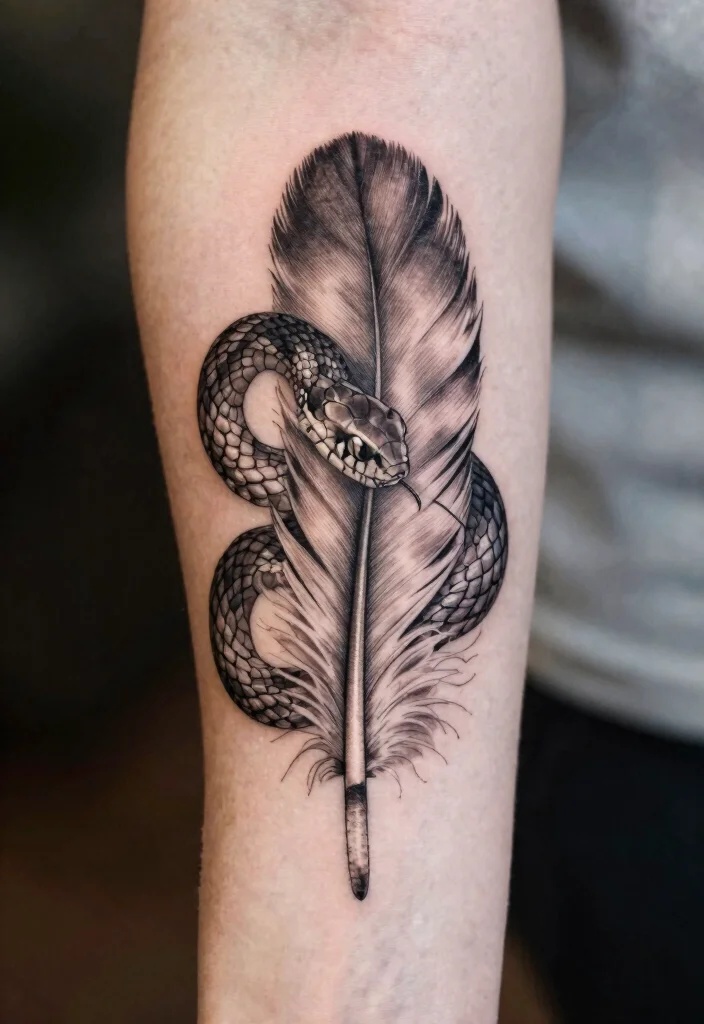 18 Snake on Arm Tattoo Ideas With Sleek Motion 57 18 Snake on Arm Tattoo Ideas With Sleek Motion - 17. Artistic Snake and Feather 1