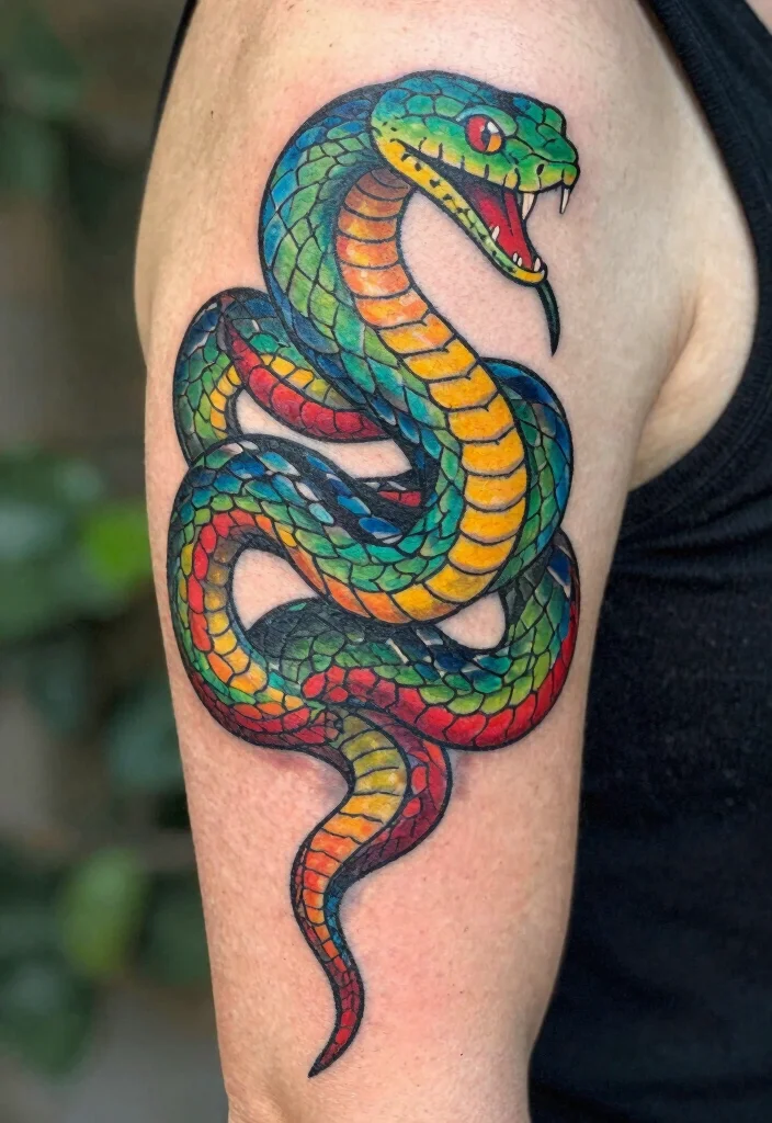 18 Snake on Arm Tattoo Ideas With Sleek Motion 23 18 Snake on Arm Tattoo Ideas With Sleek Motion - 3. Colorful Serpent Wrap 1