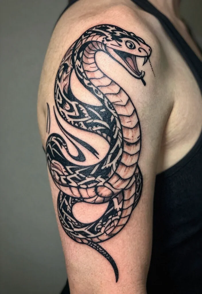 18 Snake on Arm Tattoo Ideas With Sleek Motion 25 18 Snake on Arm Tattoo Ideas With Sleek Motion - 5. Tribal Snake Tattoo 1